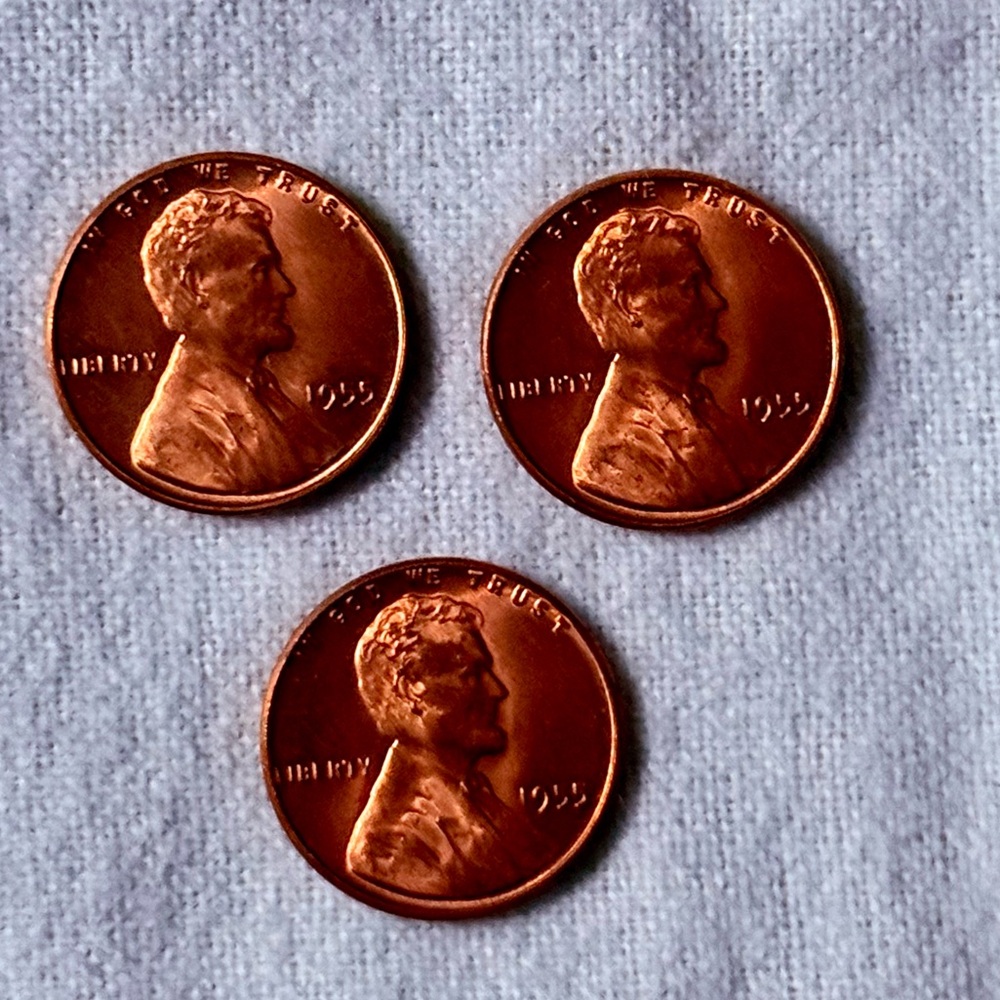 Three [3] 1955 1c RD Lincoln Wheat, Mint State (MS)